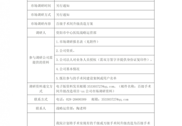 资阳市中心医院 百级手术间升级改造项目市场调研公告