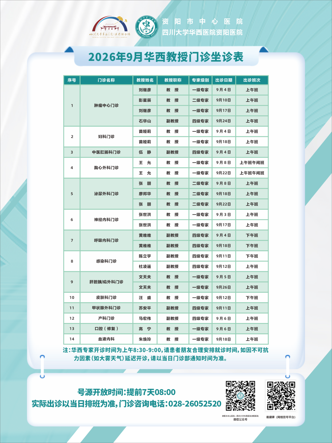 2026年9月华西专家坐诊表