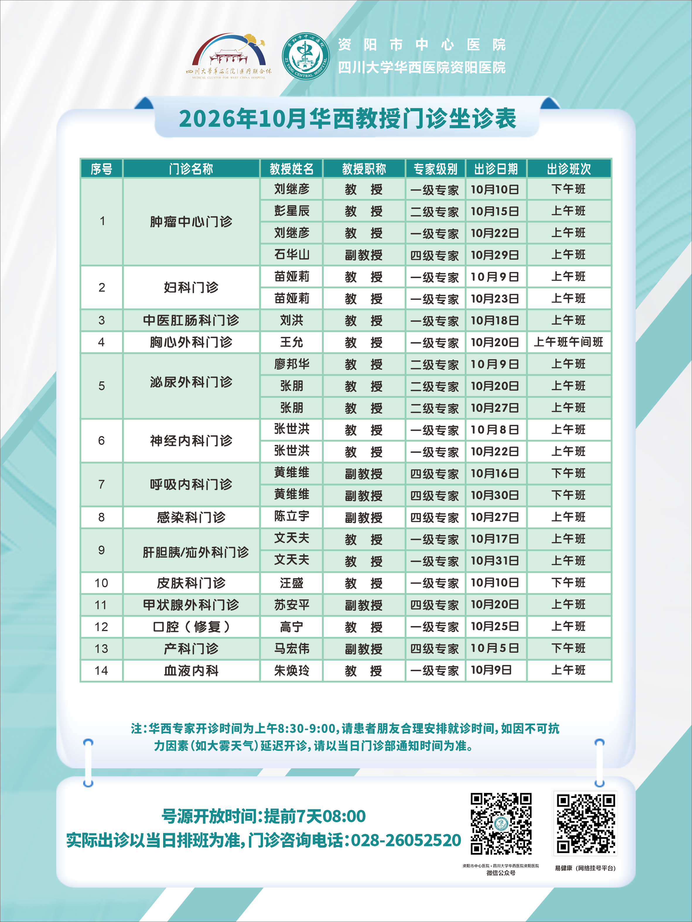 2026年10月华西教授门诊坐诊表